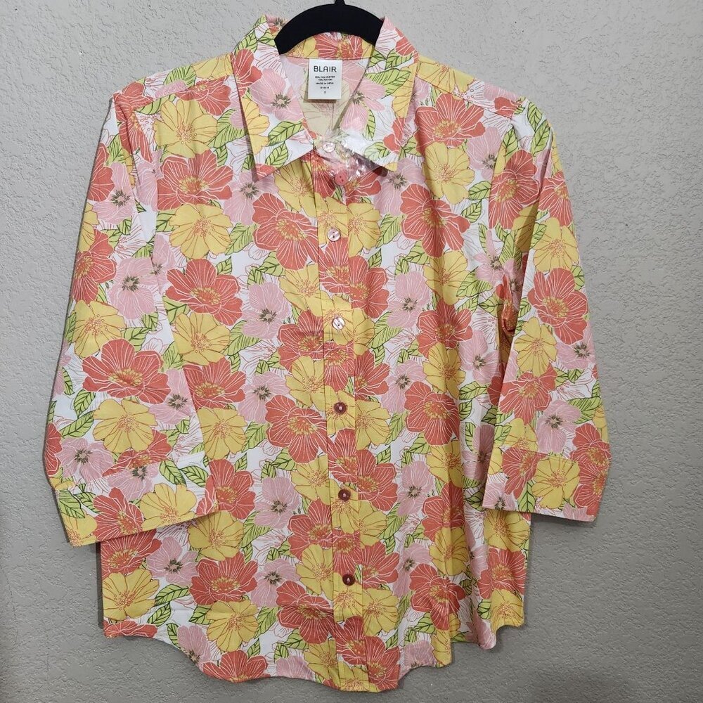 Blair Womens Floral Button-Up Shirt 3/4 Sleeves Small Yellow Orange Cottagecore